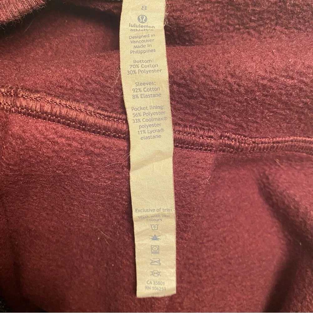 LULULEMON ATHLETICA JACKET COAT PURPLE WINE JERSEY ZIP FRONT ATHLEISURE SIZE 8